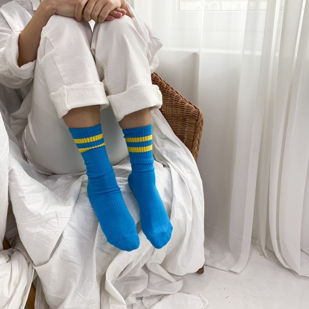 2-Stripe Crew Socks - Blue with Yellow Stripes